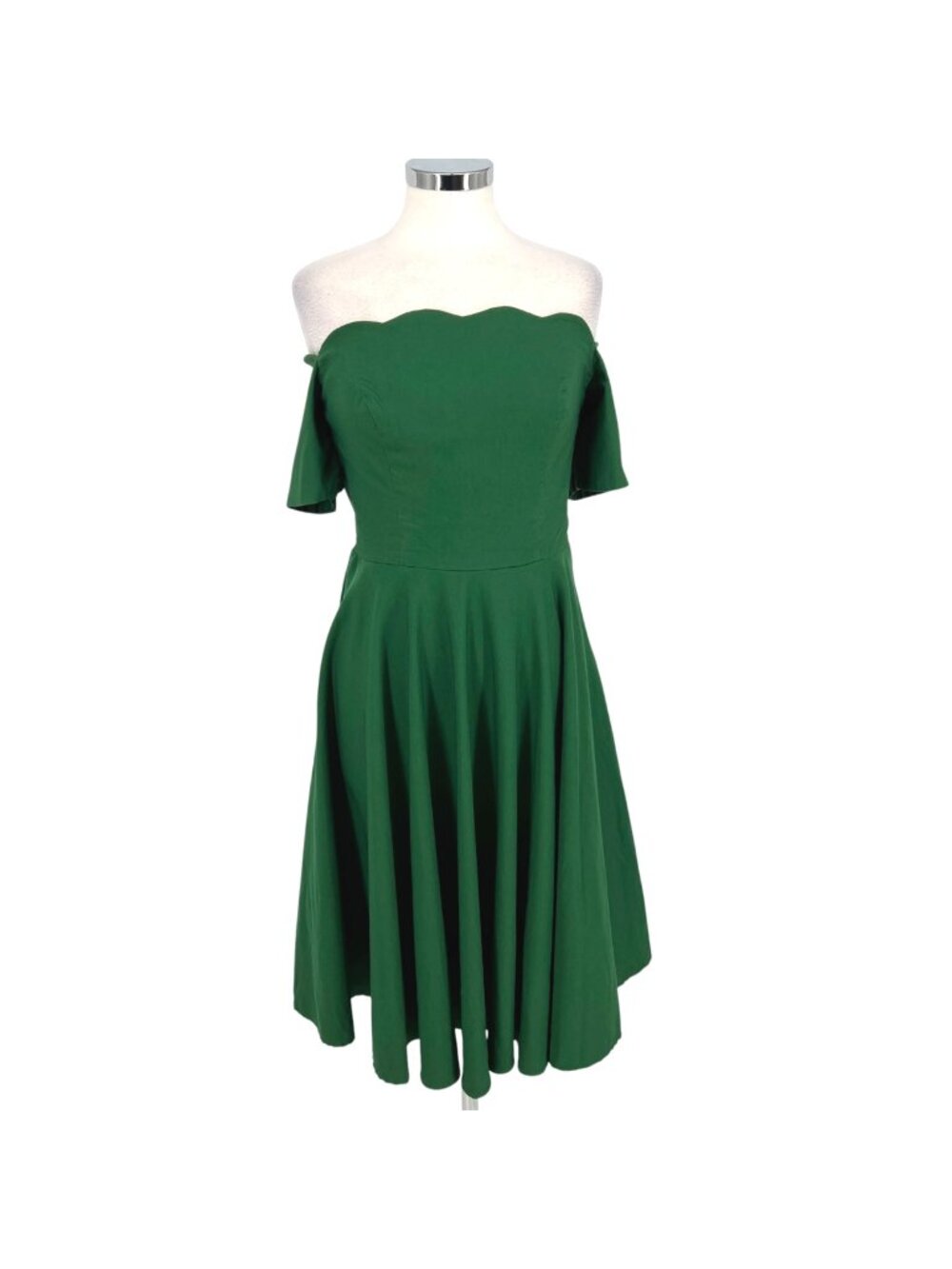 Belle Poque Green Off-Shoulder Scallop Midi Dress Size Large Elegant Party Wear